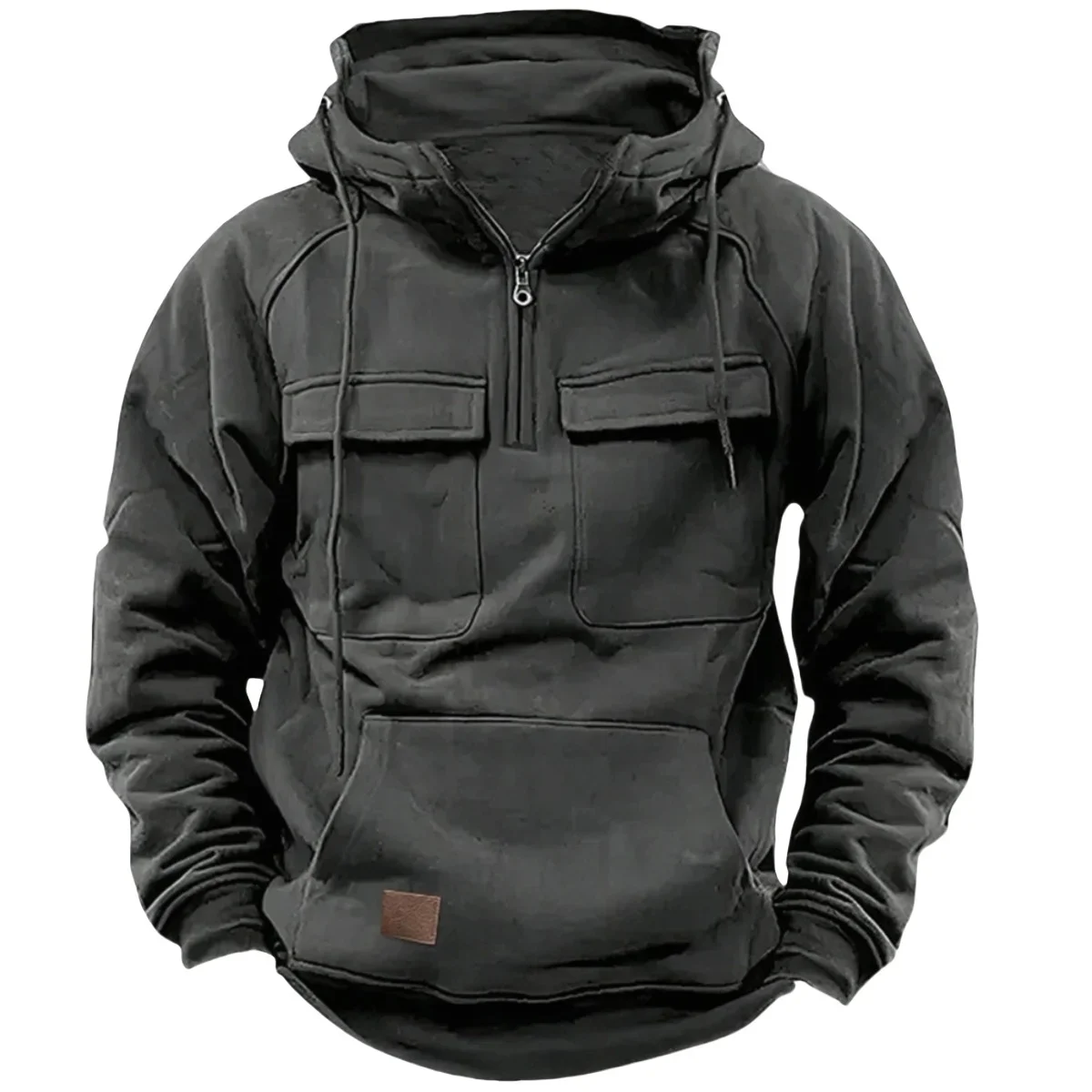 Men's Stylish Casual Solid-Color Hooded Brushed Fleece Hoodie, Fashionable Half-Zip Multi-Pocket Comfortable Street Hoodie