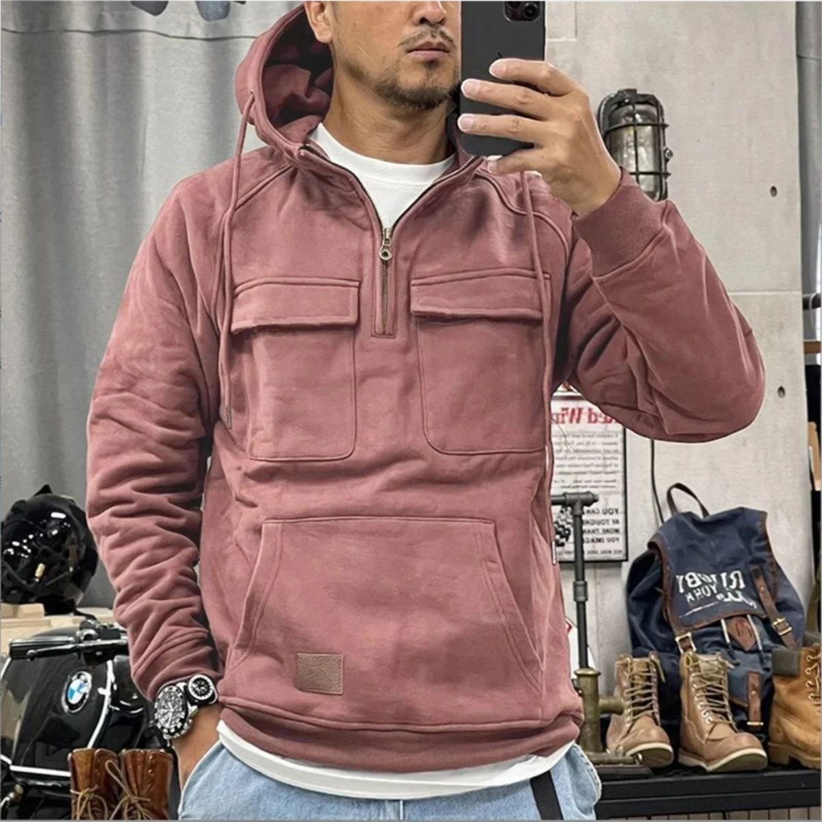 Men's Stylish Casual Solid-Color Hooded Brushed Fleece Hoodie, Fashionable Half-Zip Multi-Pocket Comfortable Street Hoodie