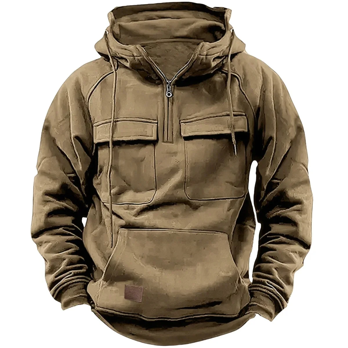 Men's Stylish Casual Solid-Color Hooded Brushed Fleece Hoodie, Fashionable Half-Zip Multi-Pocket Comfortable Street Hoodie