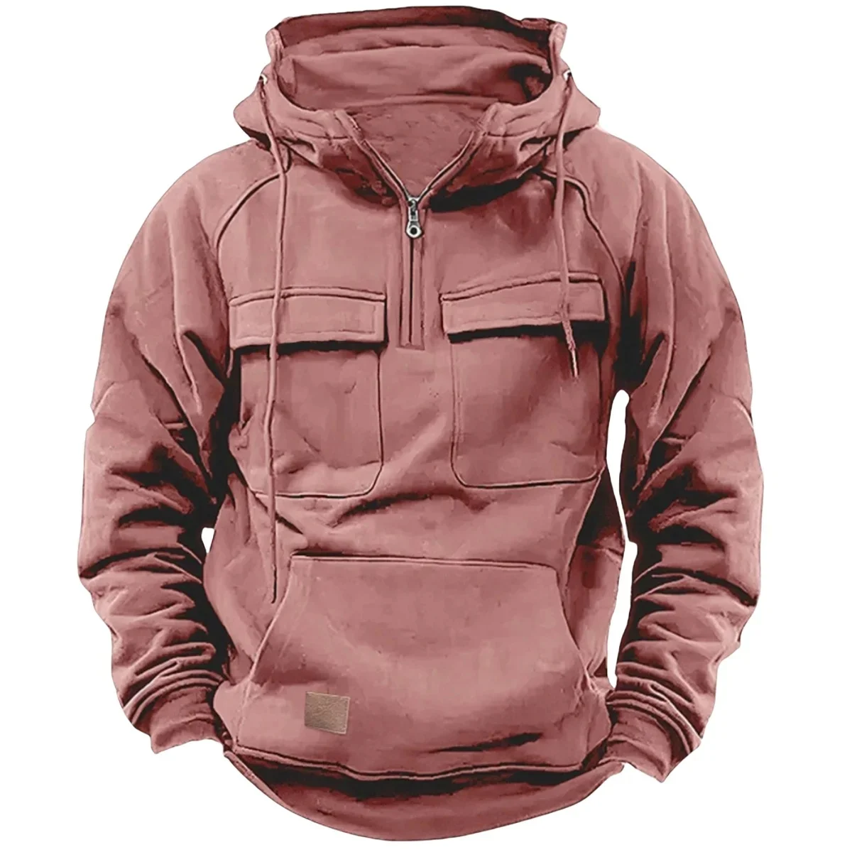 Men's Stylish Casual Solid-Color Hooded Brushed Fleece Hoodie, Fashionable Half-Zip Multi-Pocket Comfortable Street Hoodie