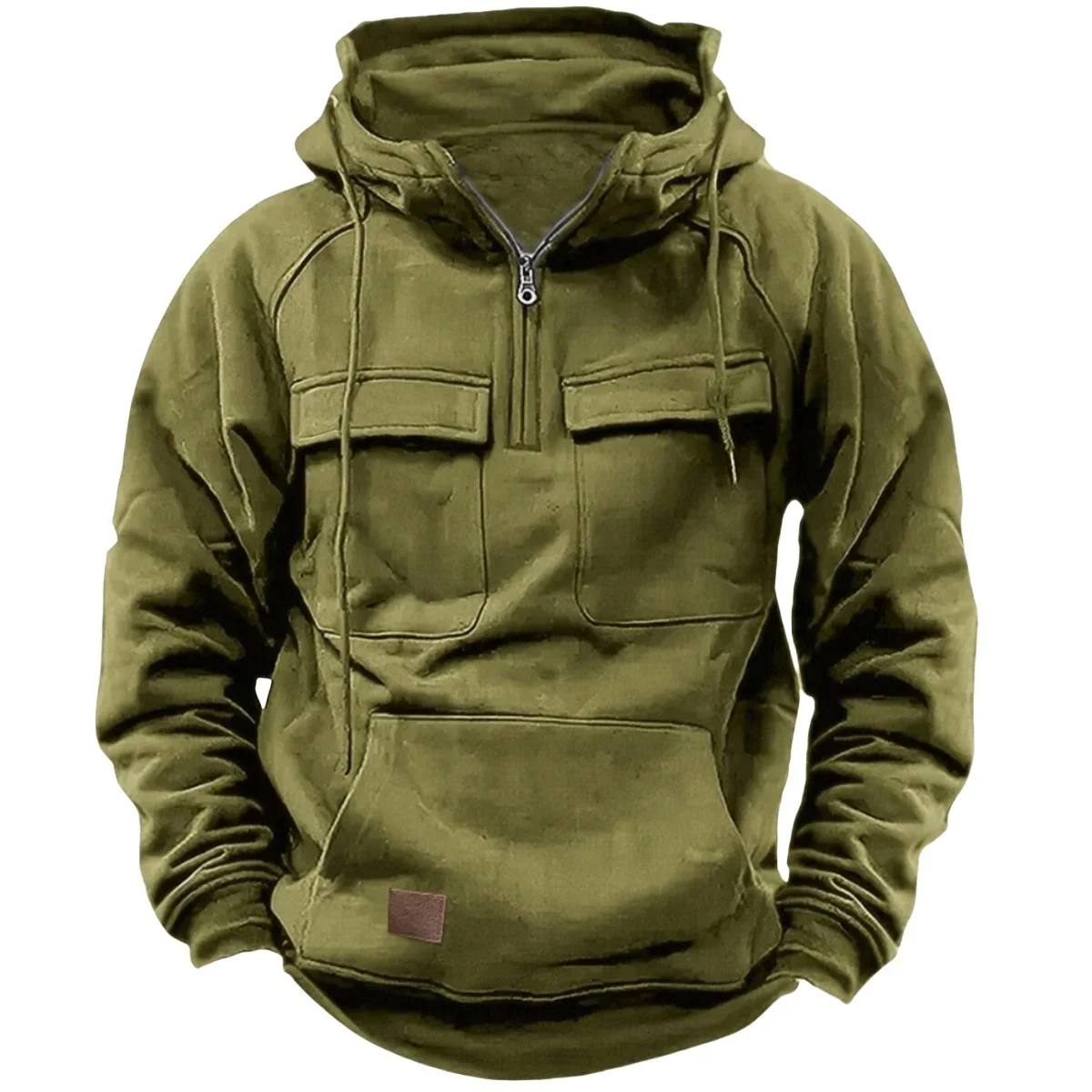 Men's Stylish Casual Solid-Color Hooded Brushed Fleece Hoodie, Fashionable Half-Zip Multi-Pocket Comfortable Street Hoodie