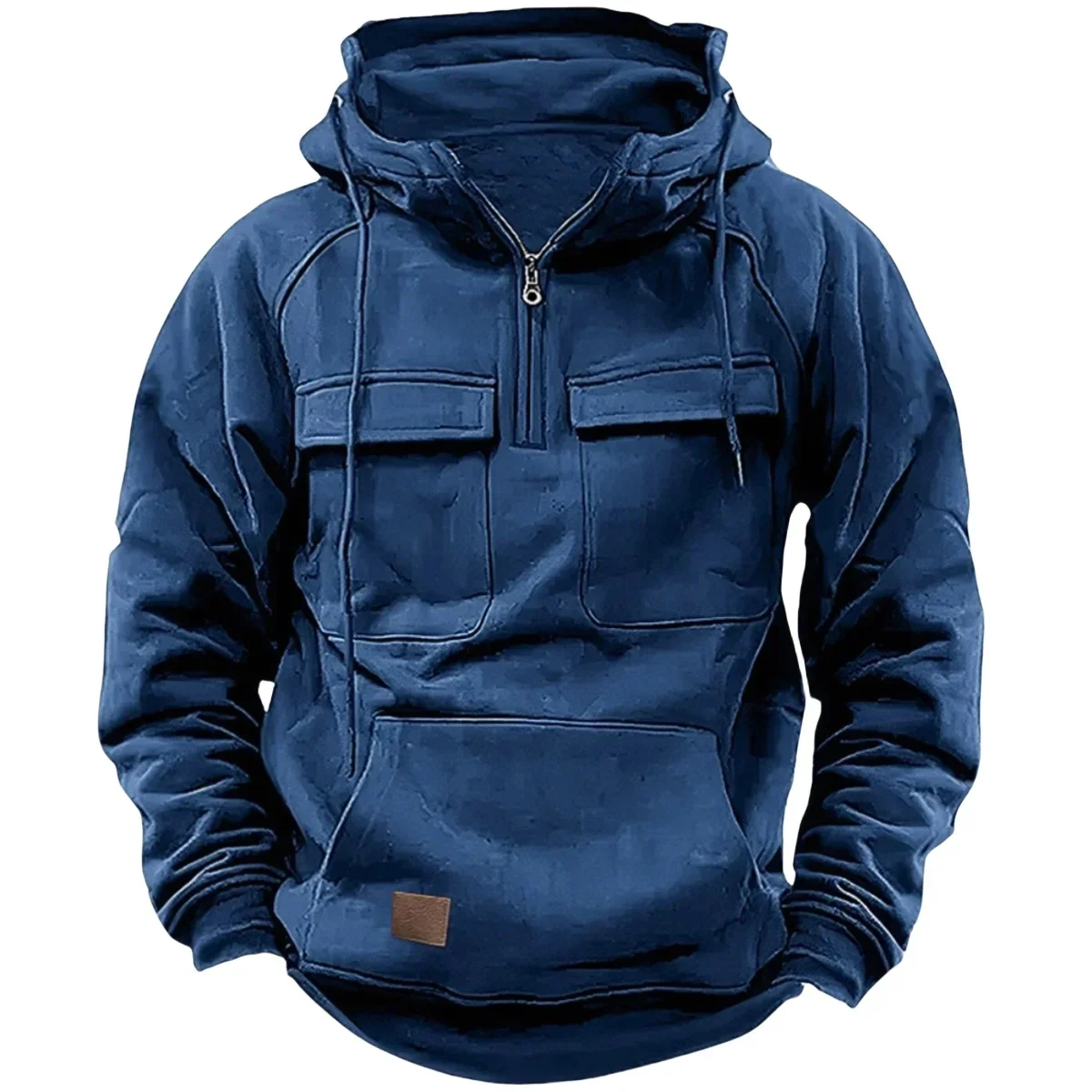 Men's Stylish Casual Solid-Color Hooded Brushed Fleece Hoodie, Fashionable Half-Zip Multi-Pocket Comfortable Street Hoodie