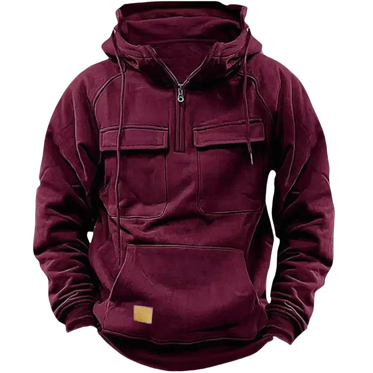 Men's Stylish Casual Solid-Color Hooded Brushed Fleece Hoodie, Fashionable Half-Zip Multi-Pocket Comfortable Street Hoodie