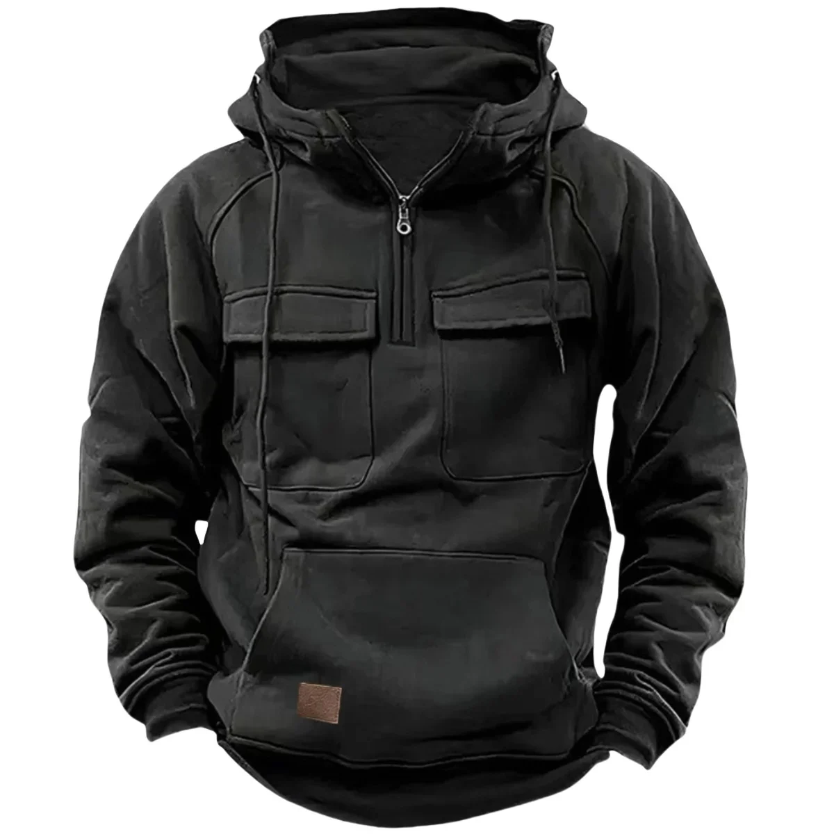 Men's Stylish Casual Solid-Color Hooded Brushed Fleece Hoodie, Fashionable Half-Zip Multi-Pocket Comfortable Street Hoodie