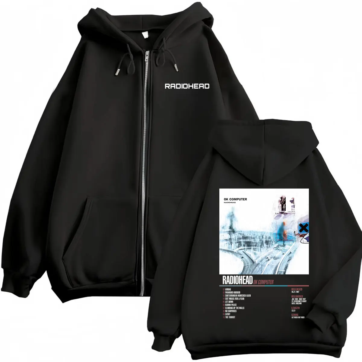 Radiohead Music Album Poster Graphic Zipper Hoodie Men's Women's Fashion Rock Zip Up Pullovers High Quality Fleece Sweatshirts