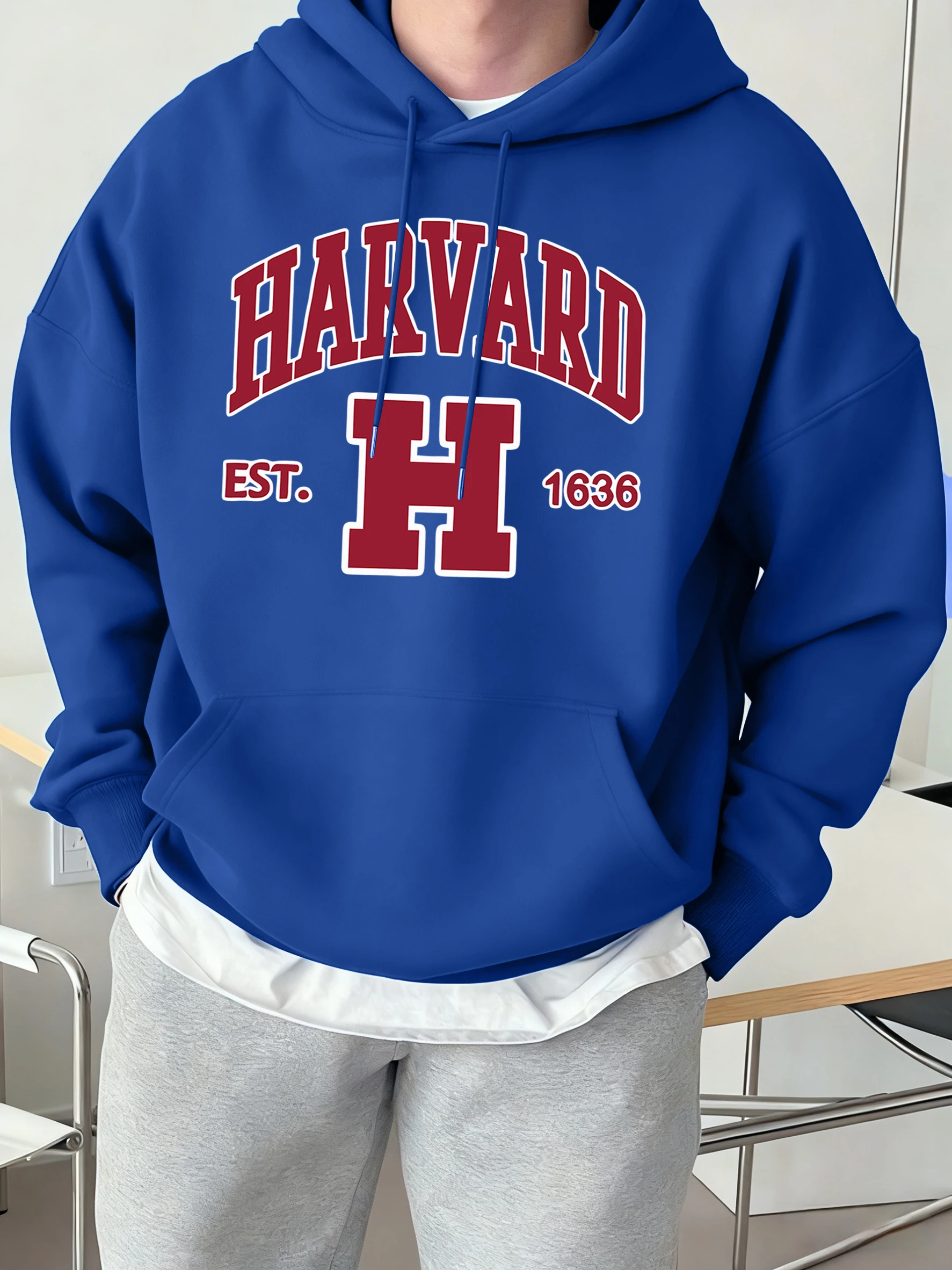 Harvard Est. 1636 Printed Sport Casual Hoody Men Street Fleece Sweatshirts Comfortable Loose Clothes Vintage Pocket Sportswears