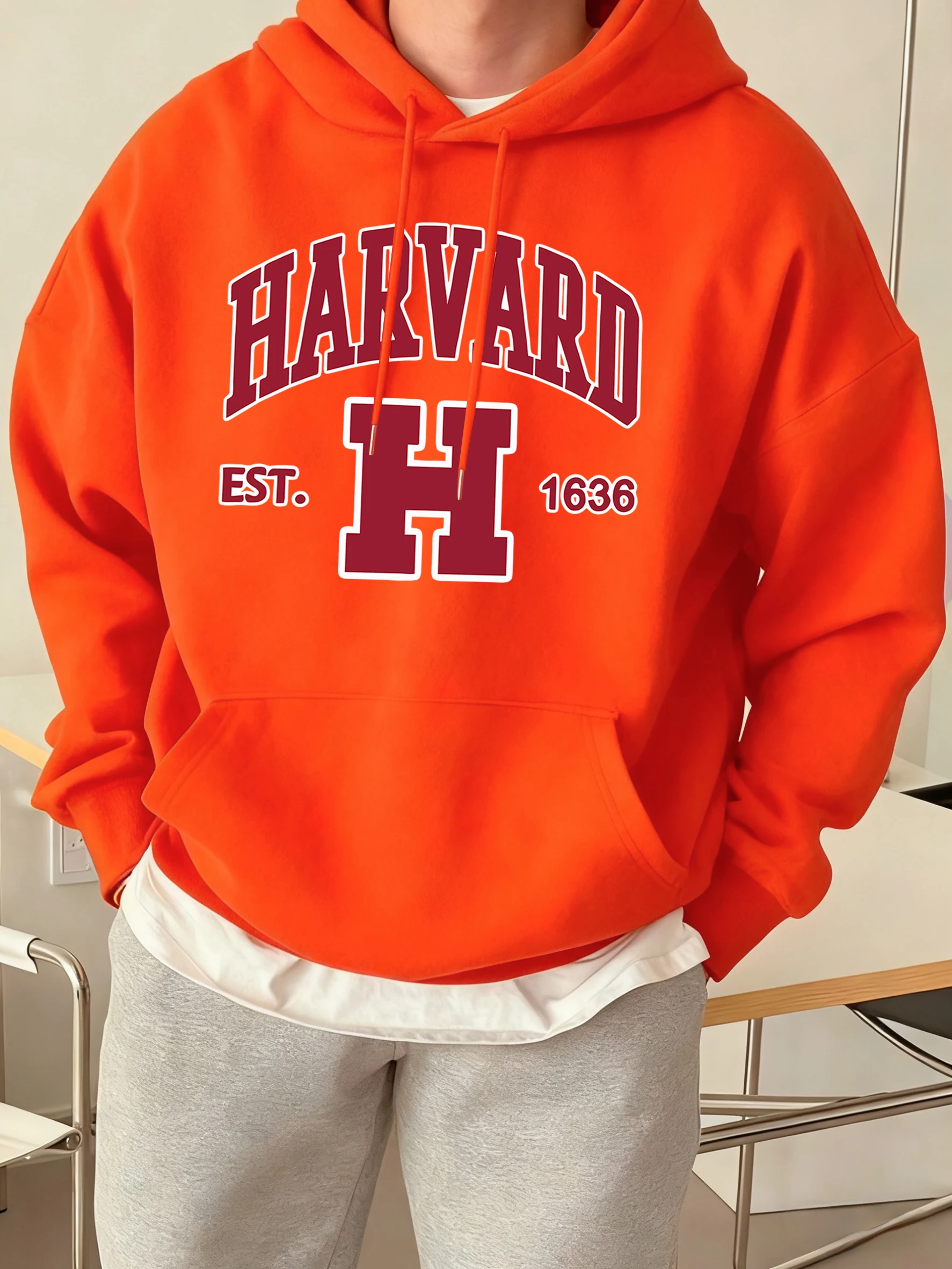 Harvard Est. 1636 Printed Sport Casual Hoody Men Street Fleece Sweatshirts Comfortable Loose Clothes Vintage Pocket Sportswears