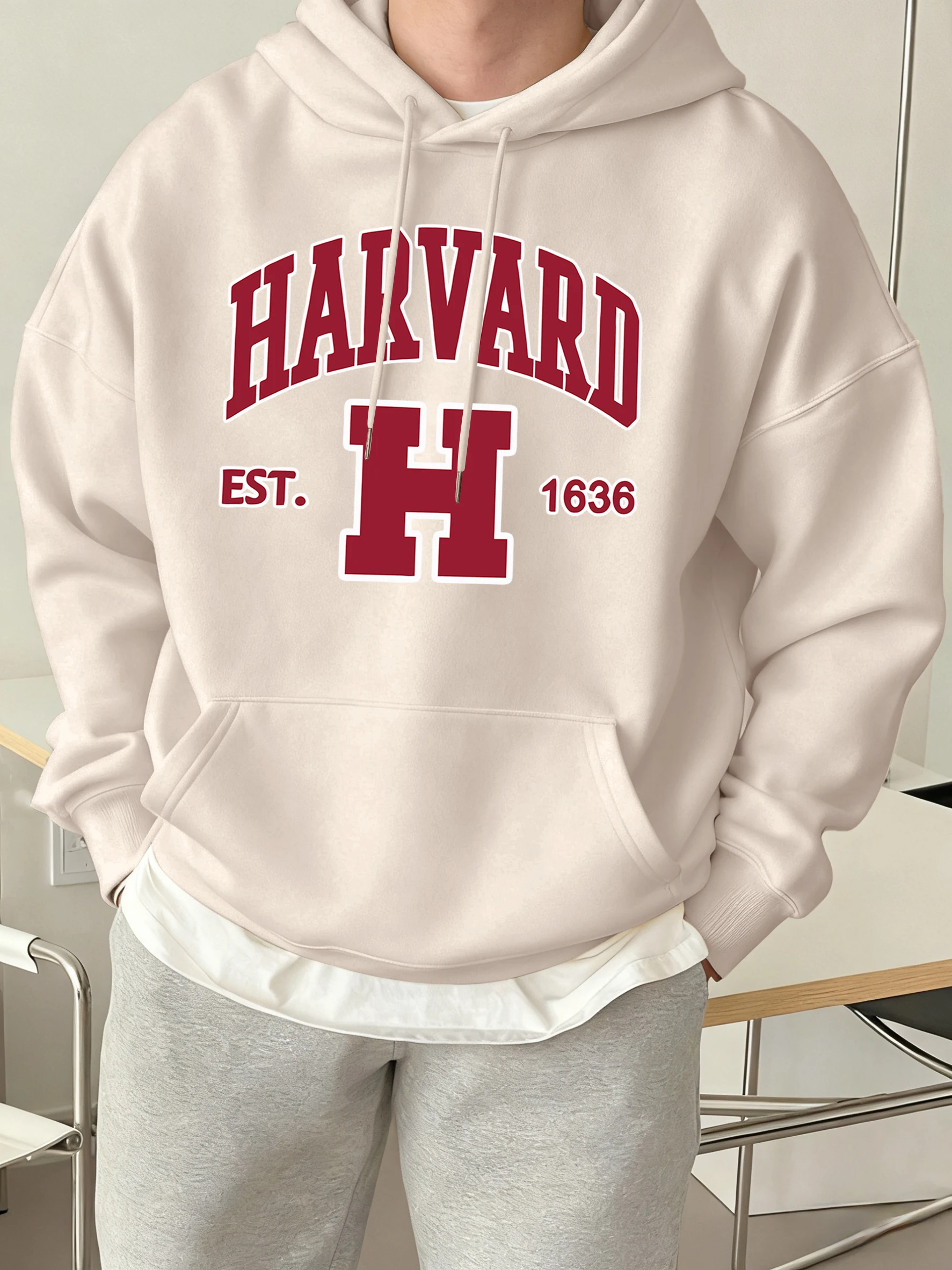 Harvard Est. 1636 Printed Sport Casual Hoody Men Street Fleece Sweatshirts Comfortable Loose Clothes Vintage Pocket Sportswears