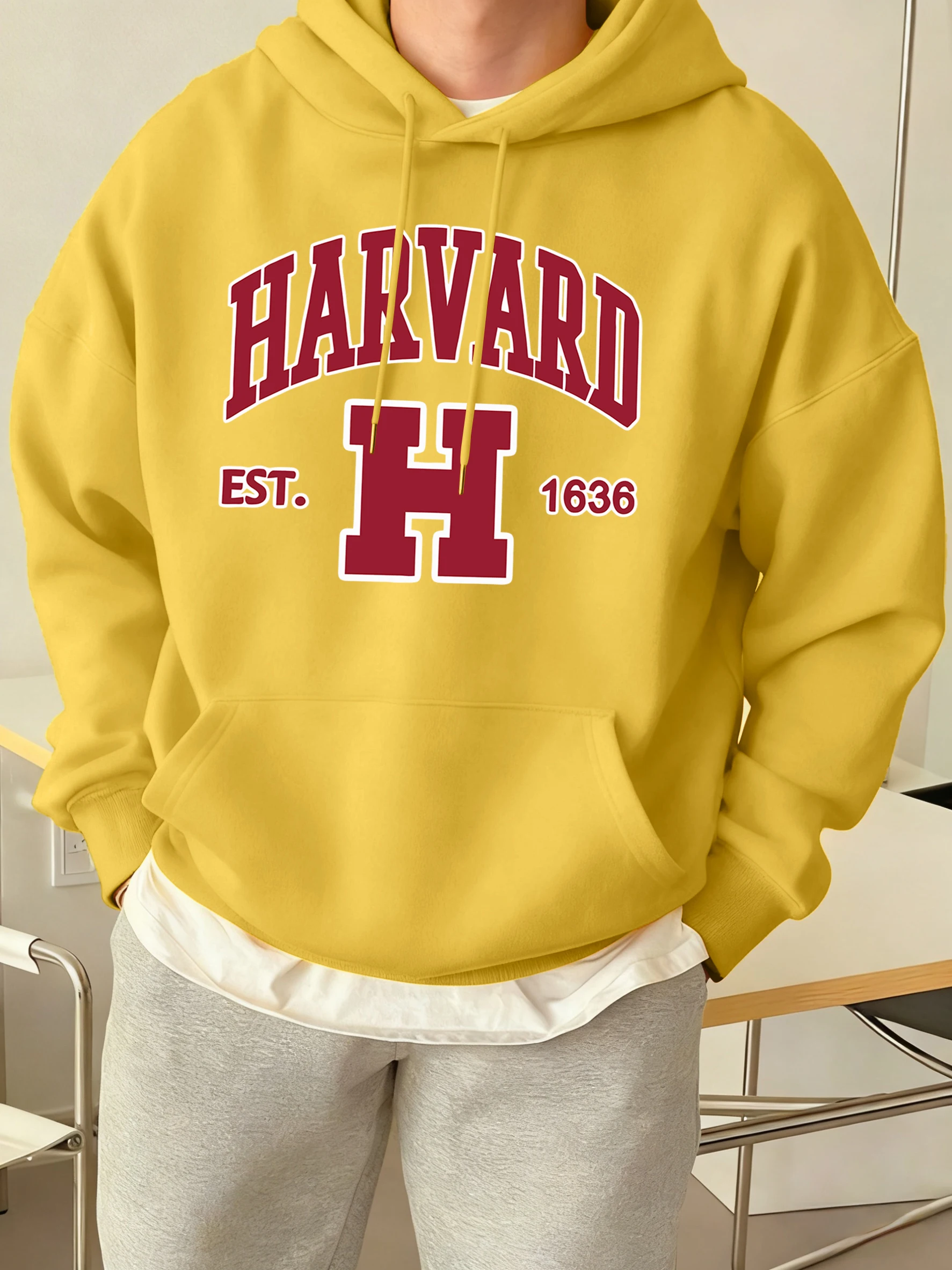 Harvard Est. 1636 Printed Sport Casual Hoody Men Street Fleece Sweatshirts Comfortable Loose Clothes Vintage Pocket Sportswears