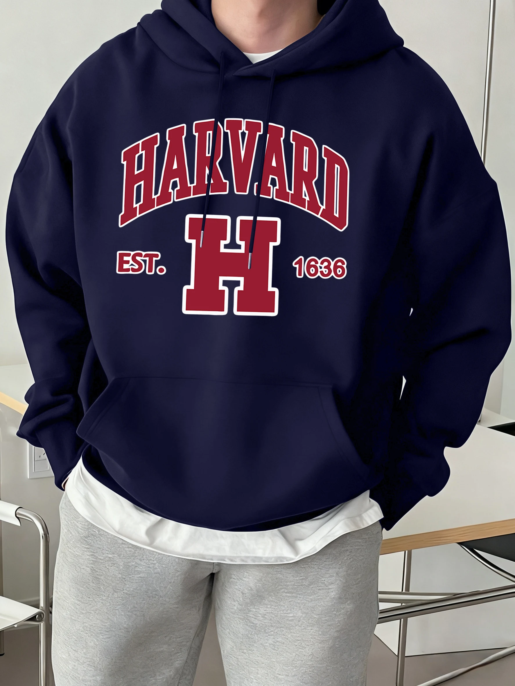 Harvard Est. 1636 Printed Sport Casual Hoody Men Street Fleece Sweatshirts Comfortable Loose Clothes Vintage Pocket Sportswears