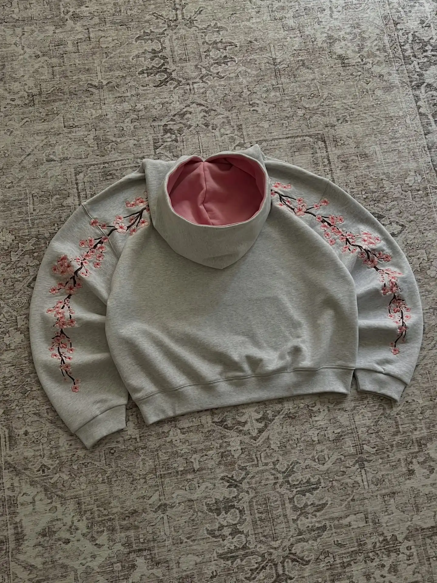 Y2K Retro Loose Sakura Embroidered Hoodie Unisex Pink Quarter-Button Sweatshirt Harajuku Style Hip-Hop Pattern Streetwear