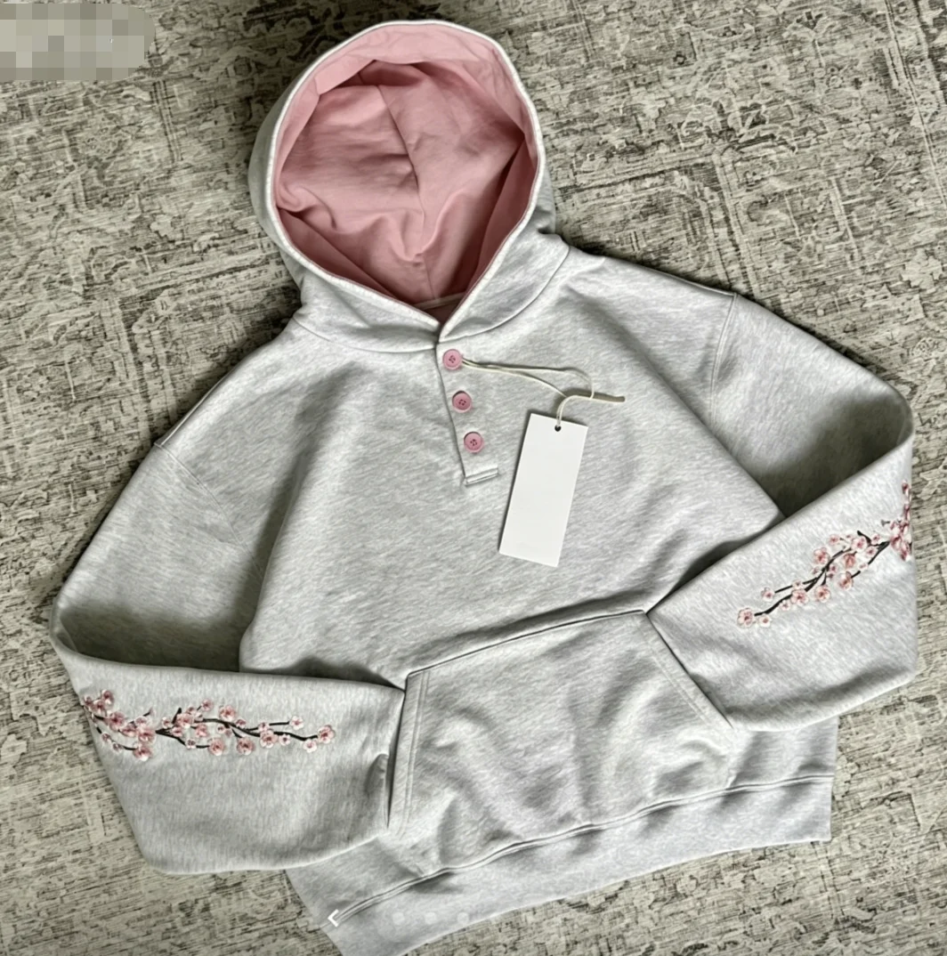Y2K Retro Loose Sakura Embroidered Hoodie Unisex Pink Quarter-Button Sweatshirt Harajuku Style Hip-Hop Pattern Streetwear