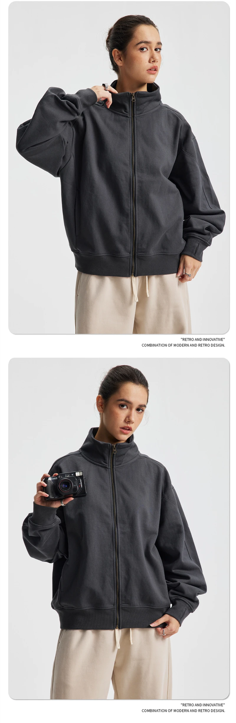 ZODF Fashion 2025 Autumn Man Solid 430gsm Zipper Hoodies For Men Unisex Heavy Weight Loose Stand Collar Coats HY1101