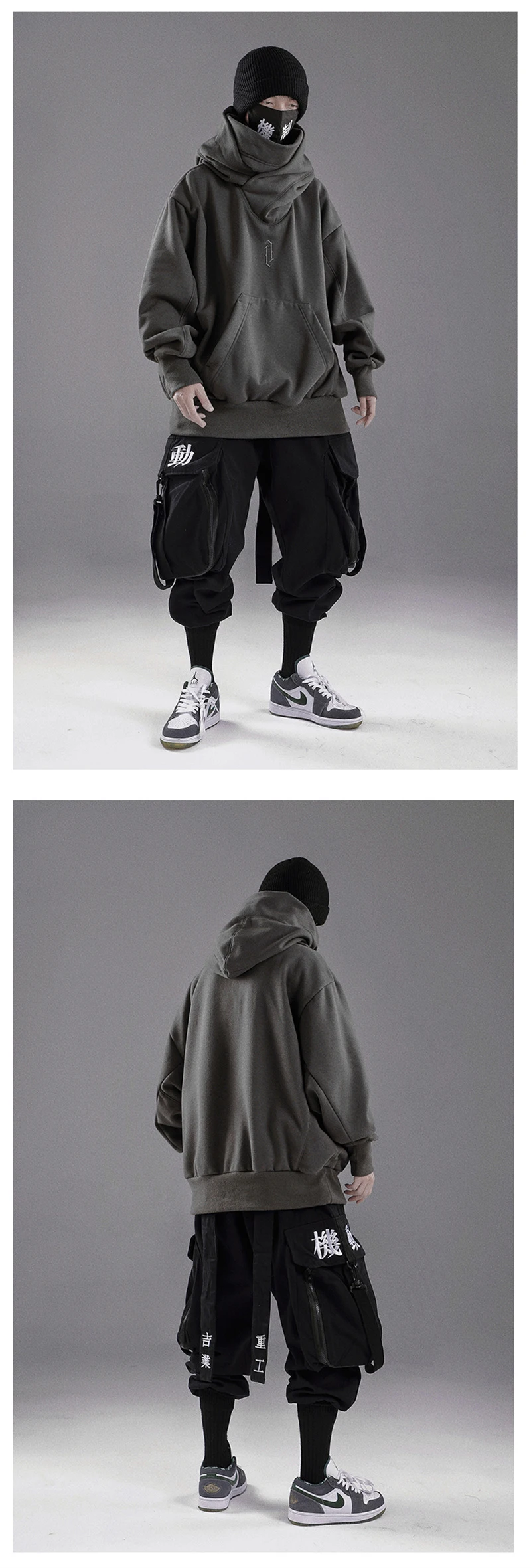 Embroidery Turtleneck Sweatshirt For Men Japanese Ninja Hoodies Autumn Hip Hop Fleece Pocket Streetwear Oversized Y2K Hoody