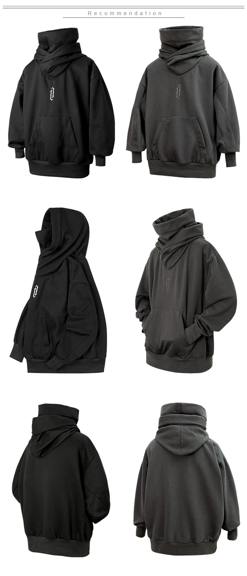 Embroidery Turtleneck Sweatshirt For Men Japanese Ninja Hoodies Autumn Hip Hop Fleece Pocket Streetwear Oversized Y2K Hoody