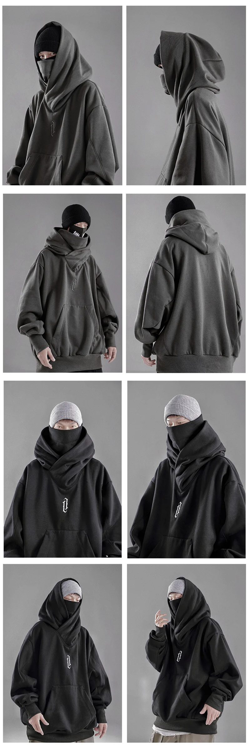Embroidery Turtleneck Sweatshirt For Men Japanese Ninja Hoodies Autumn Hip Hop Fleece Pocket Streetwear Oversized Y2K Hoody