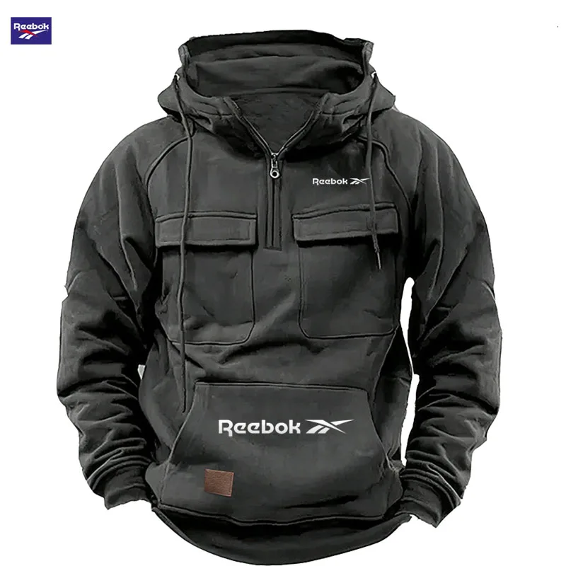 Reebok New Autumn-Winter Men's Hooded Sweatshirt, Solid Color Casual Fashion Design, Multi-Pocket Patchwork Hoodie, Men's Sweats