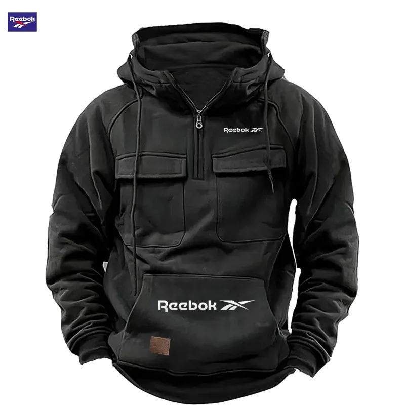 Reebok New Autumn-Winter Men's Hooded Sweatshirt, Solid Color Casual Fashion Design, Multi-Pocket Patchwork Hoodie, Men's Sweats