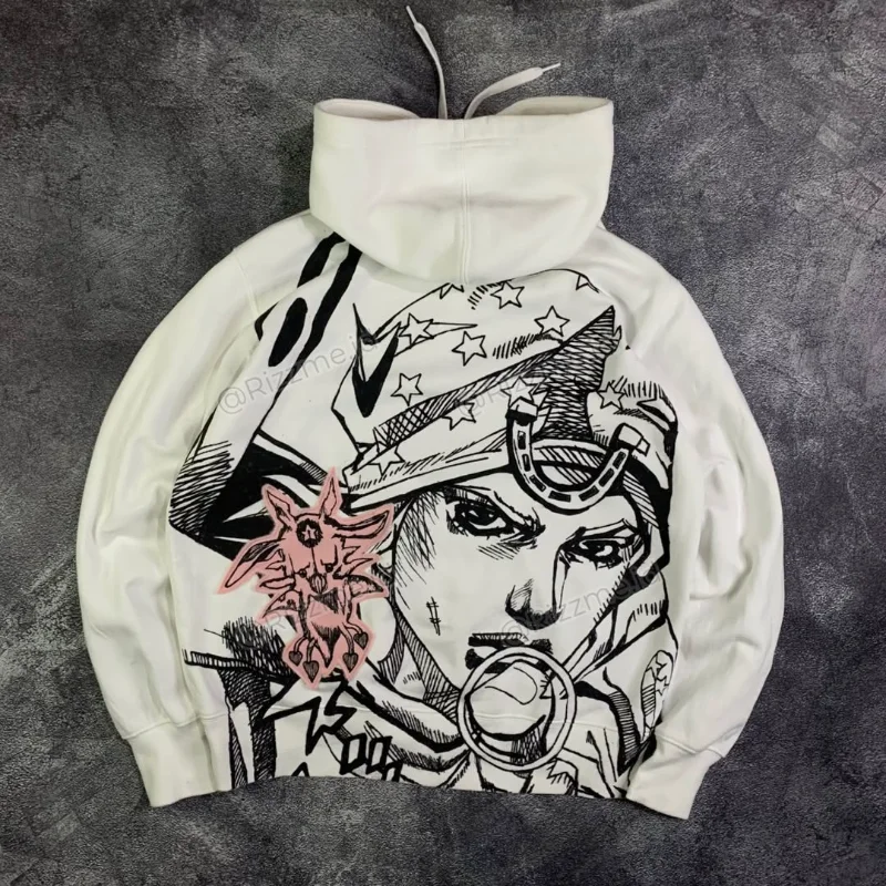 Y2K Retro Harajuku White Pullover Hoodie Vintage Anime Manga Graphic Print Streetwear Casual Loose Men Women Sweatshirt