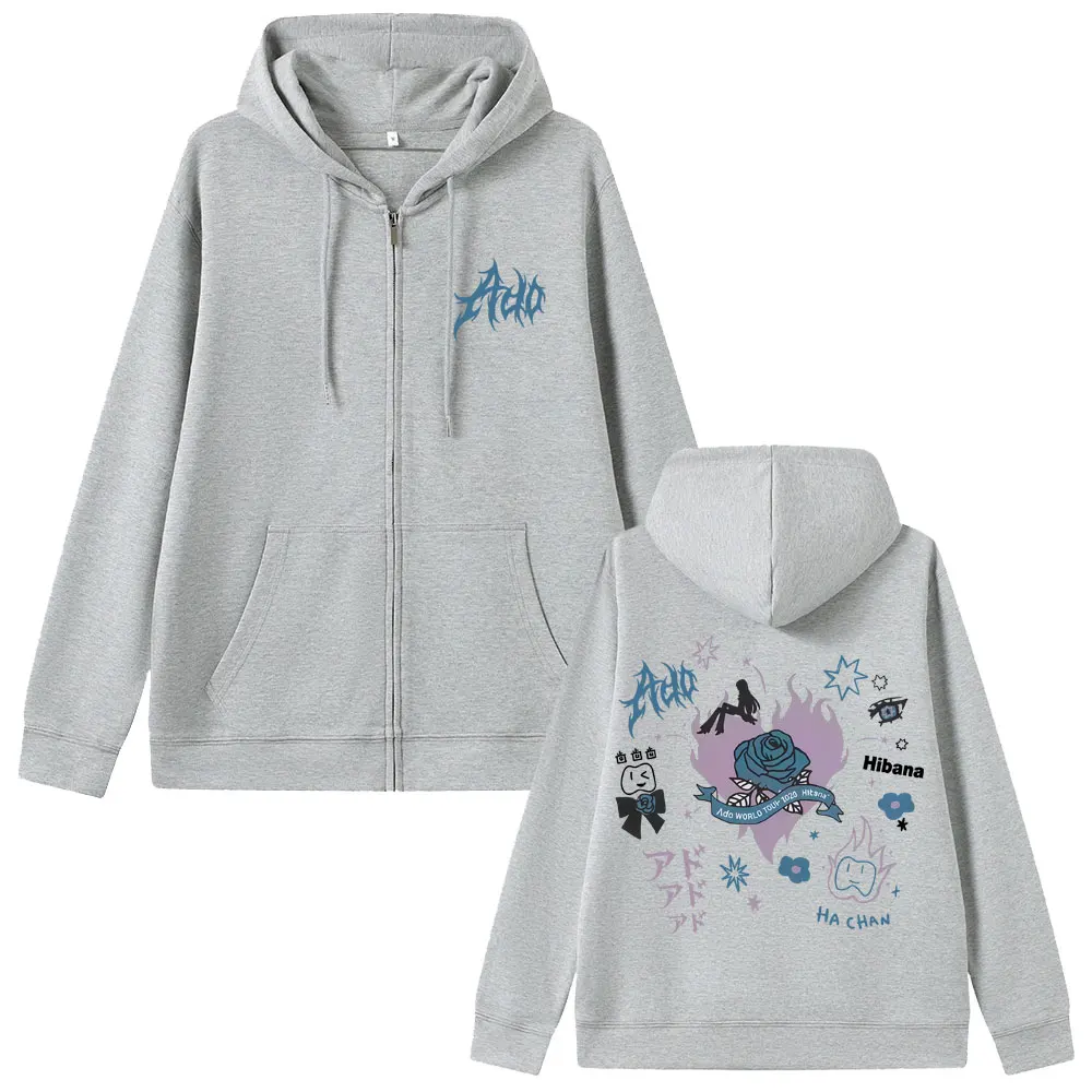 Ado World Tour 2025 Hibana Zipper Hoodie Men Women Fashion Japanese Cartoon Manga Style Zip Up Jacket Unisex Casual Sweatshirt
