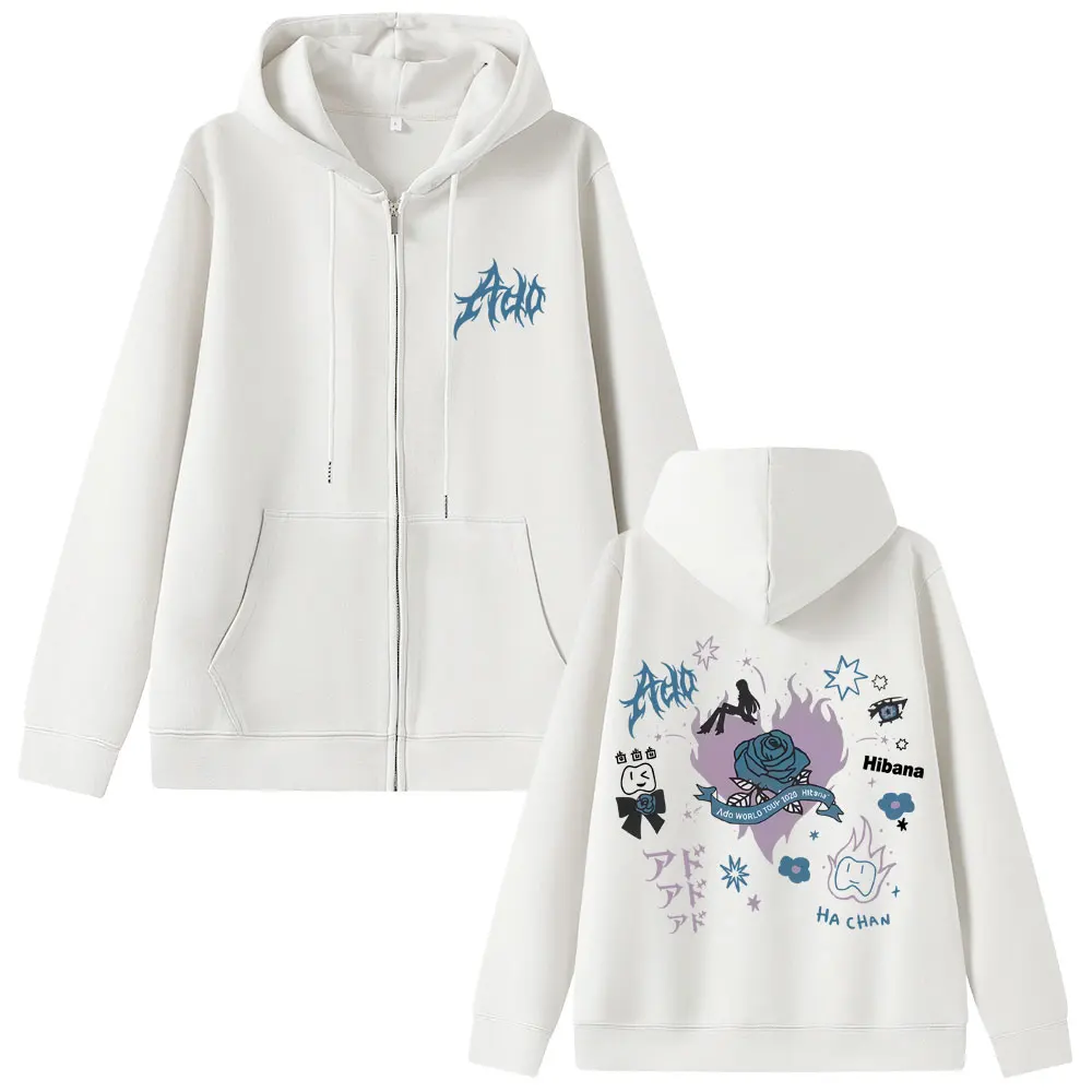 Ado World Tour 2025 Hibana Zipper Hoodie Men Women Fashion Japanese Cartoon Manga Style Zip Up Jacket Unisex Casual Sweatshirt