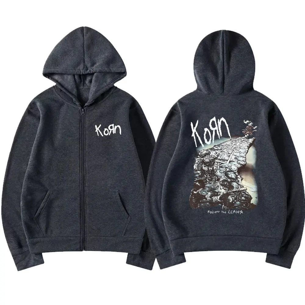 Korn Rock Band Ftl 25 Follow The Leader Zipper Hoodie Men Women Gothic Casual Zip Up Hoodies Men's Vintage Graphic Zip Up Jacket