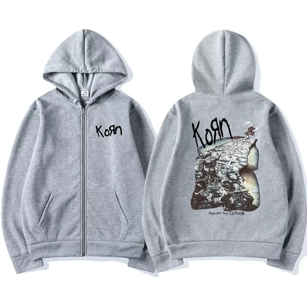 Korn Rock Band Ftl 25 Follow The Leader Zipper Hoodie Men Women Gothic Casual Zip Up Hoodies Men's Vintage Graphic Zip Up Jacket