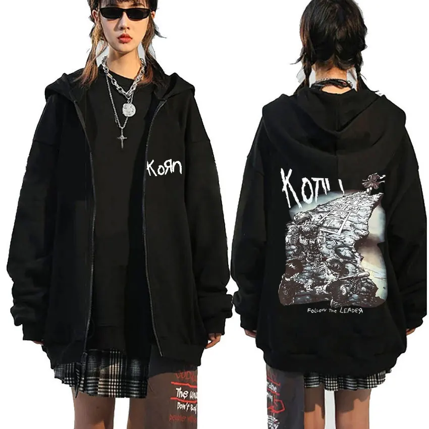 Korn Rock Band Ftl 25 Follow The Leader Zipper Hoodie Men Women Gothic Casual Zip Up Hoodies Men's Vintage Graphic Zip Up Jacket