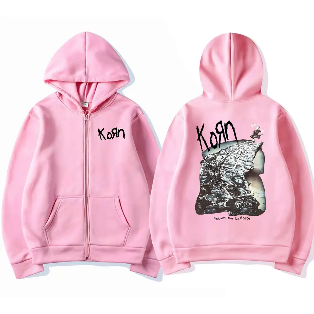 Korn Rock Band Ftl 25 Follow The Leader Zipper Hoodie Men Women Gothic Casual Zip Up Hoodies Men's Vintage Graphic Zip Up Jacket