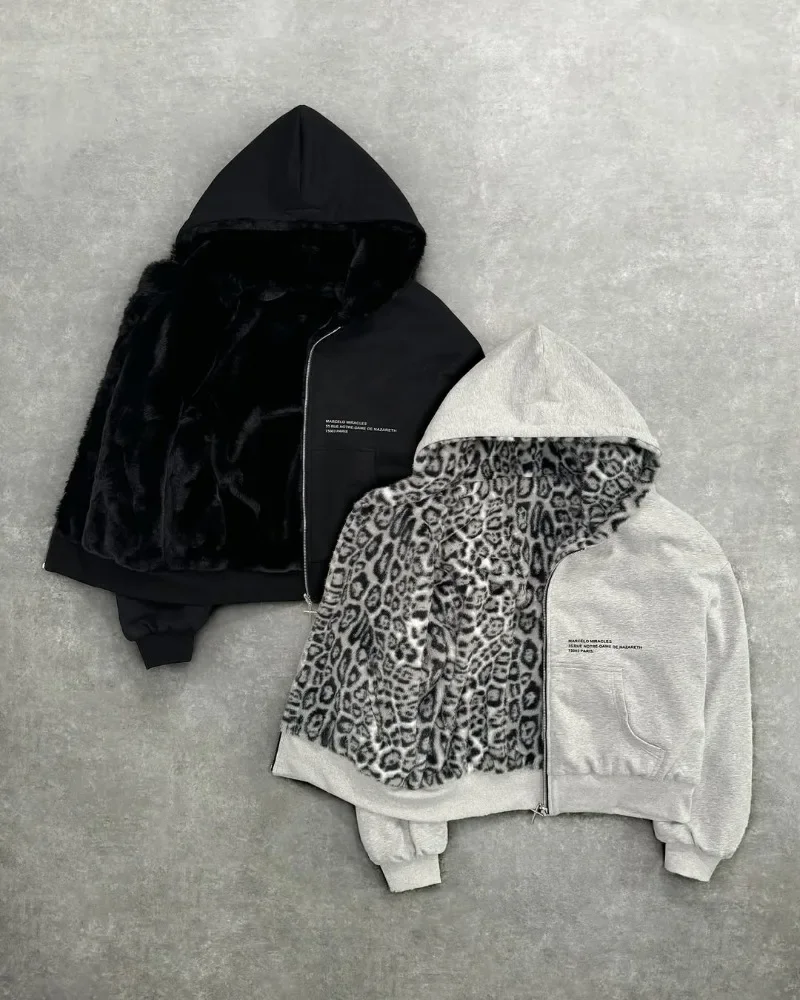 American Vintage Y2K Reversible Leopard Print Hoodie womens mens Gray Zipper Sweatshirt with Faux Fur Lining Streetwear