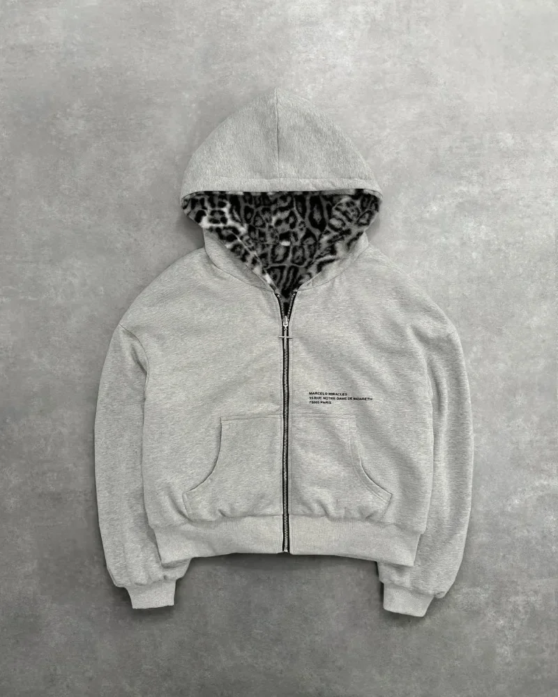 American Vintage Y2K Reversible Leopard Print Hoodie womens mens Gray Zipper Sweatshirt with Faux Fur Lining Streetwear