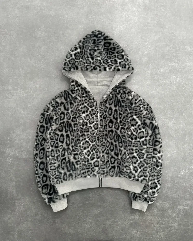 American Vintage Y2K Reversible Leopard Print Hoodie womens mens Gray Zipper Sweatshirt with Faux Fur Lining Streetwear
