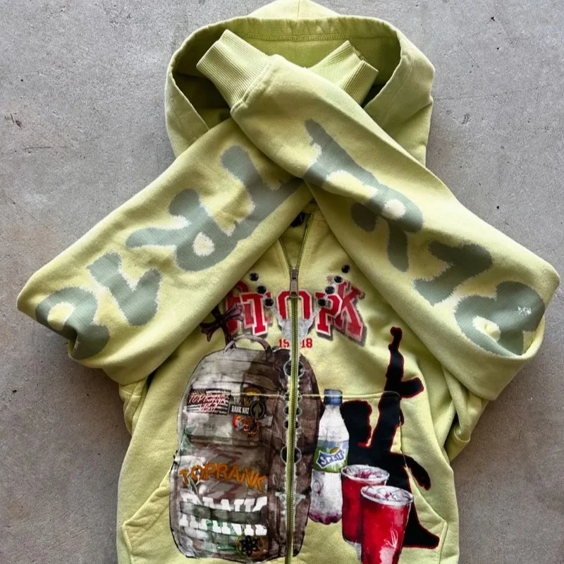 Sweatshirt jacket zipper hoodie yellow letters cartoon fashionable versatile retro top y2k high street men and women same style