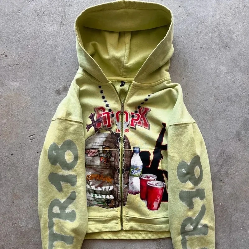 Sweatshirt jacket zipper hoodie yellow letters cartoon fashionable versatile retro top y2k high street men and women same style