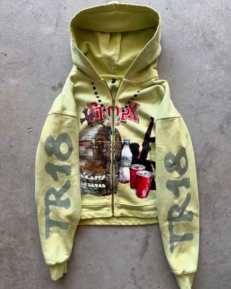 Sweatshirt jacket zipper hoodie yellow letters cartoon fashionable versatile retro top y2k high street men and women same style