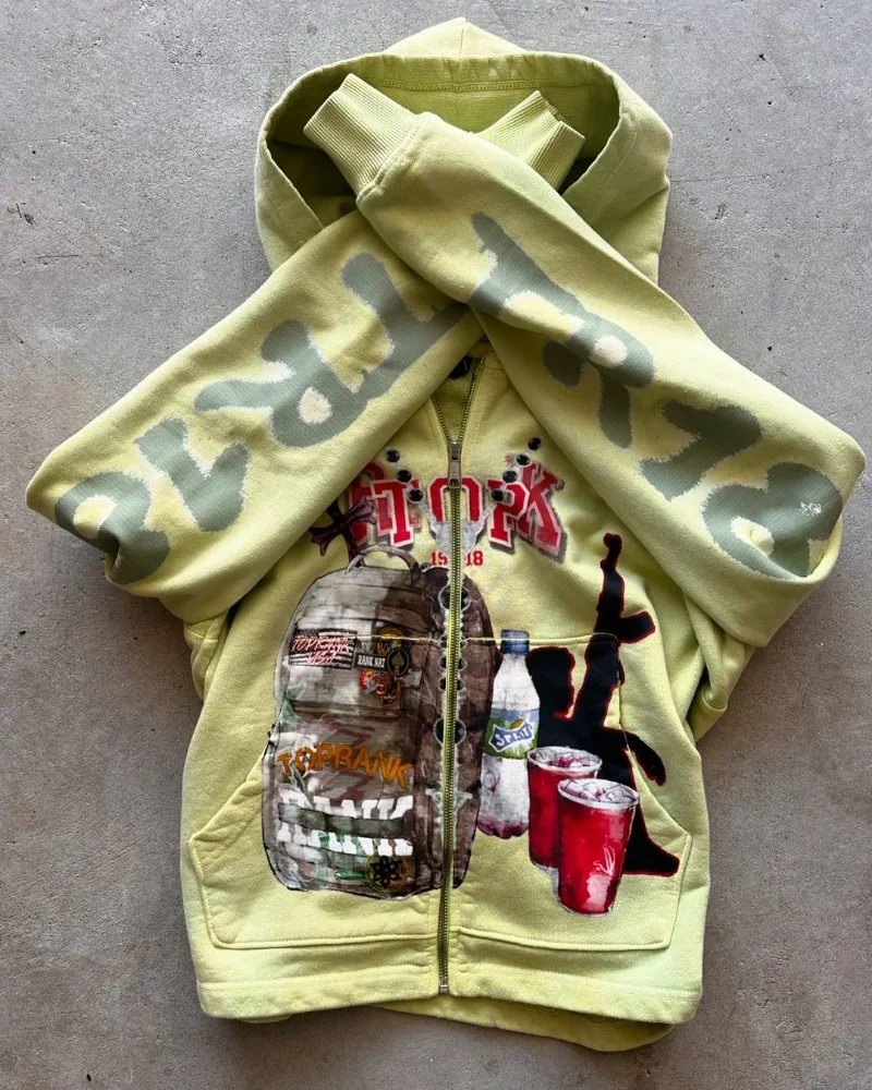 Sweatshirt jacket zipper hoodie yellow letters cartoon fashionable versatile retro top y2k high street men and women same style