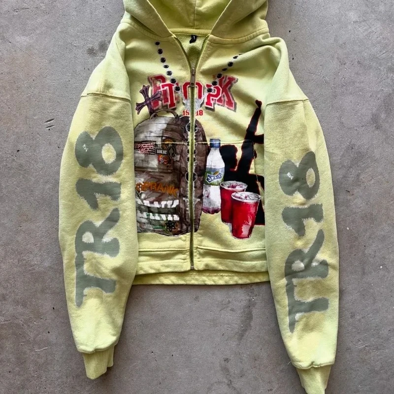 Sweatshirt jacket zipper hoodie yellow letters cartoon fashionable versatile retro top y2k high street men and women same style