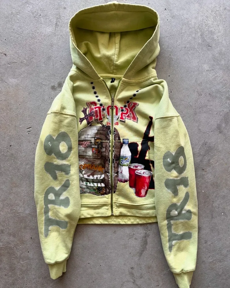 Sweatshirt jacket zipper hoodie yellow letters cartoon fashionable versatile retro top y2k high street men and women same style