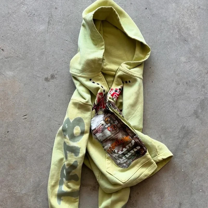 Sweatshirt jacket zipper hoodie yellow letters cartoon fashionable versatile retro top y2k high street men and women same style
