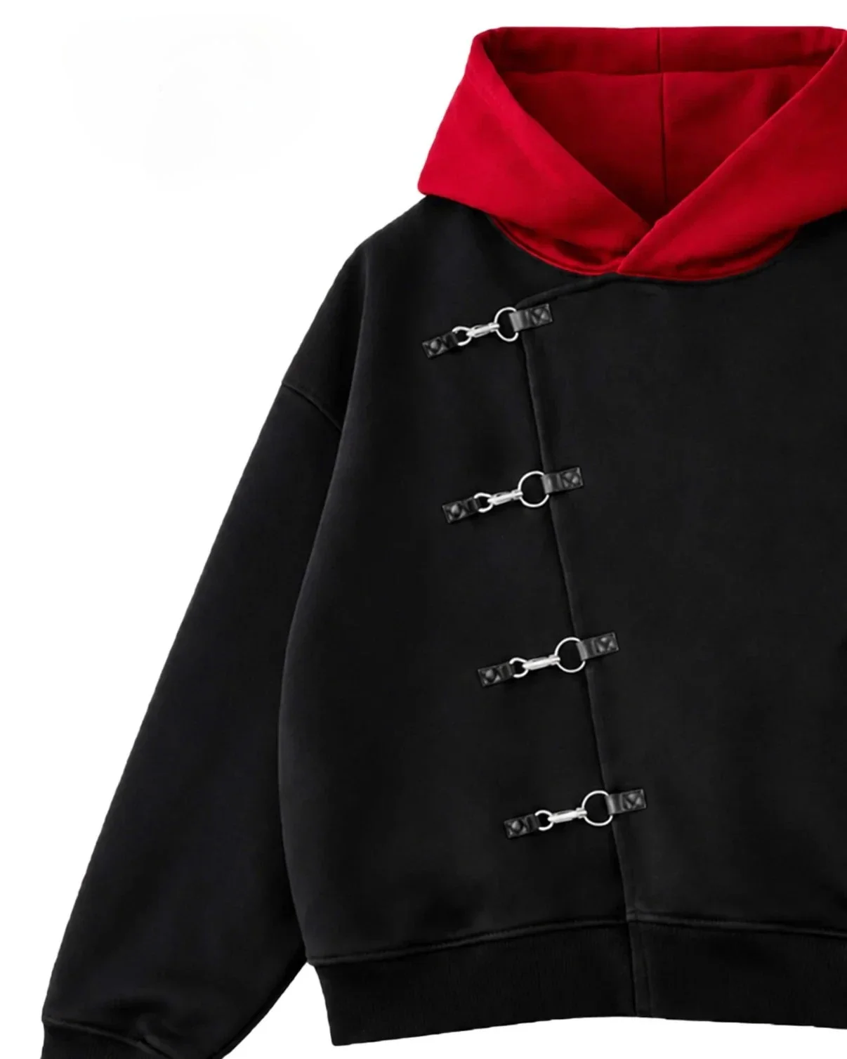 Y2K Retro Black White Match Hoodie Japanese Strap Button Splicing Metal Sweatshirt Trendy Simple Men Women Oversized Streetwear