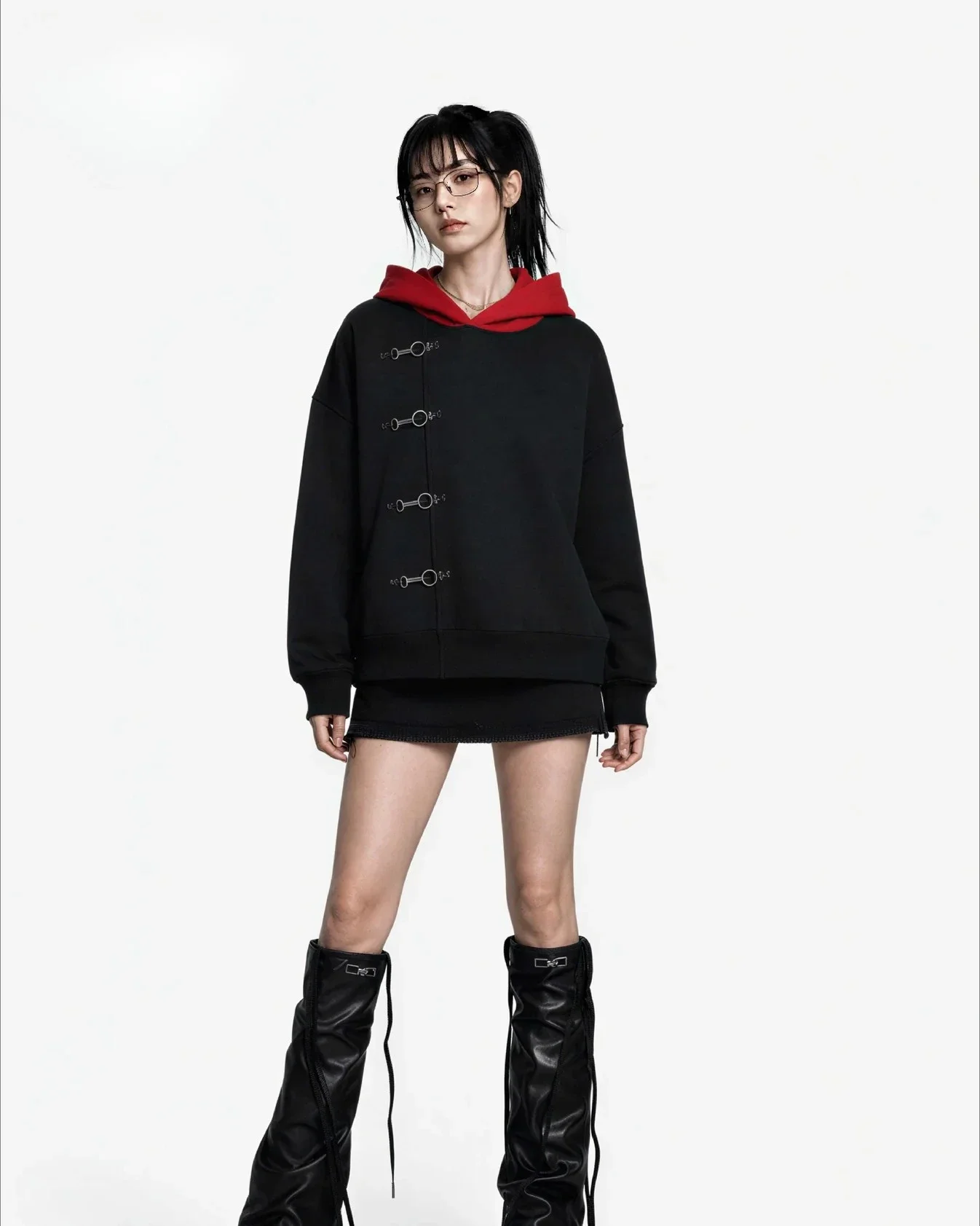 Y2K Retro Black White Match Hoodie Japanese Strap Button Splicing Metal Sweatshirt Trendy Simple Men Women Oversized Streetwear
