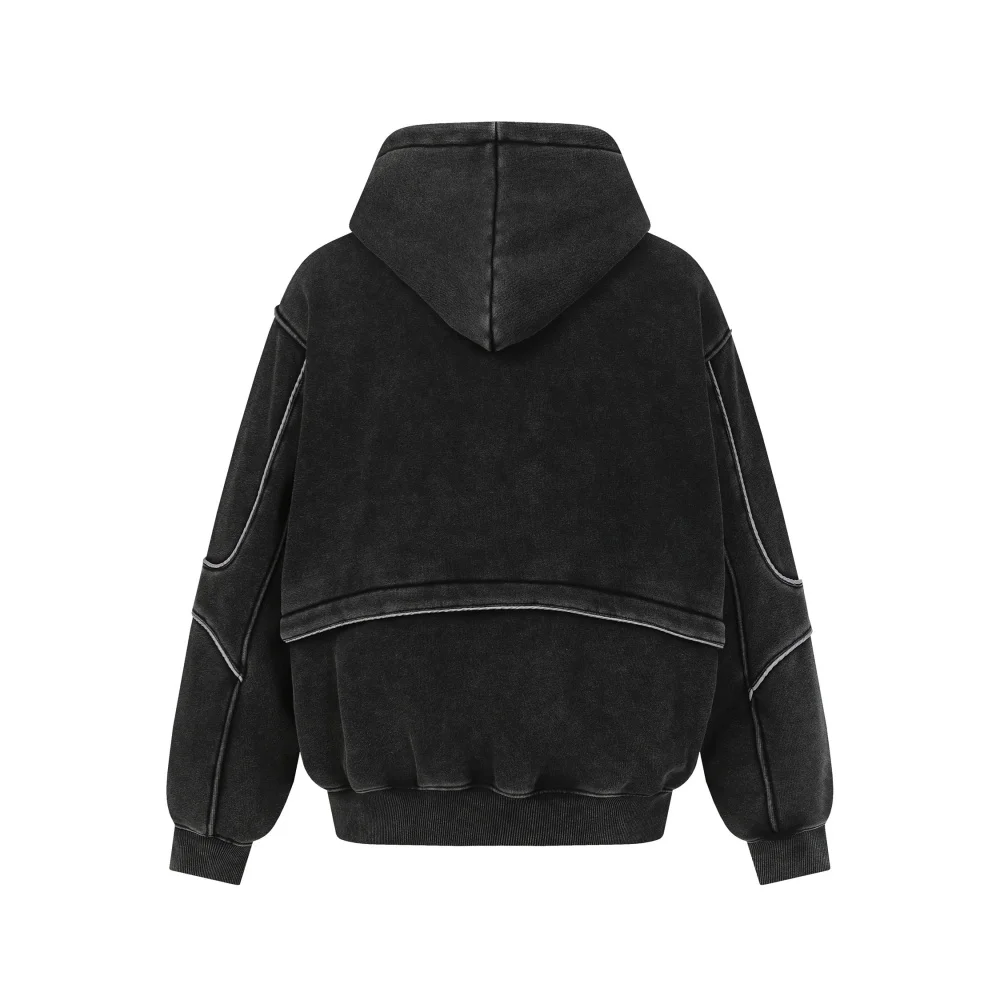 Front Pocket Spliced Hooded Sweatshirts Mens Autumn Winter Fleece Retro High Street Washed Distressed Long Sleeve Hoodies Man