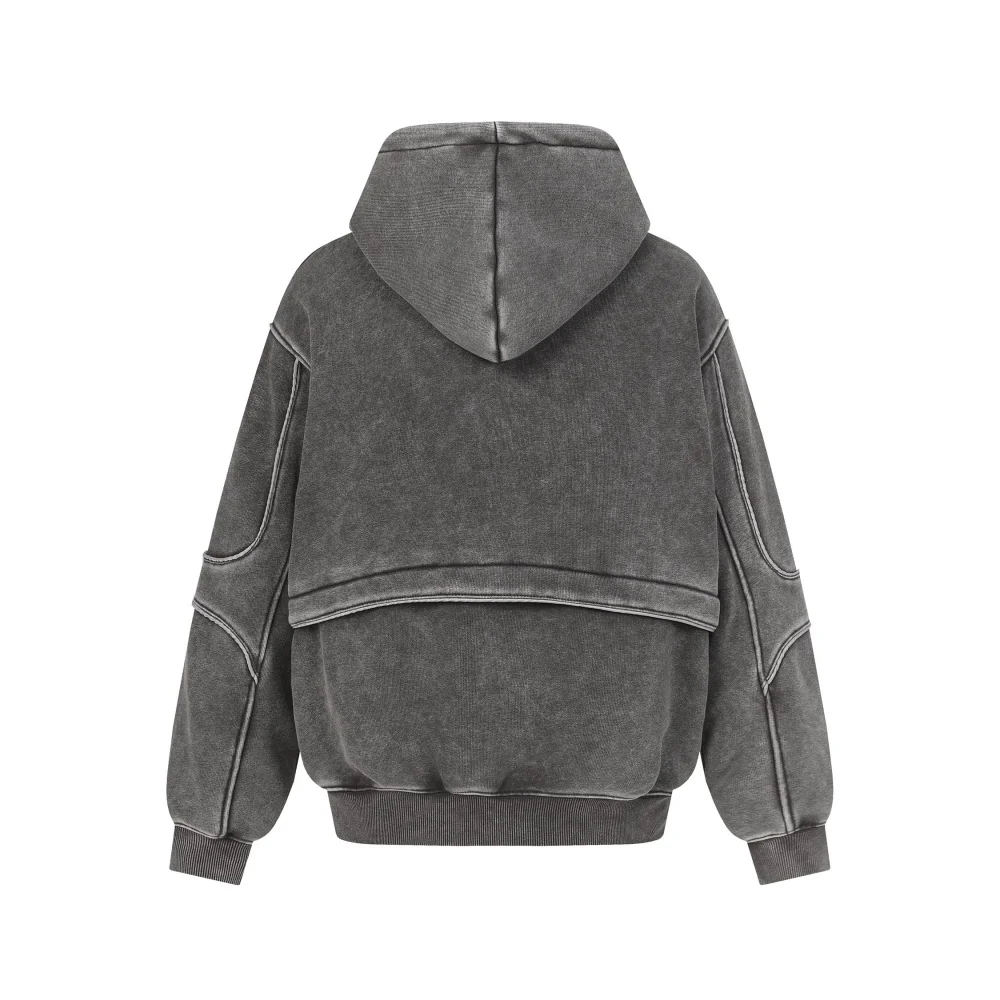 Front Pocket Spliced Hooded Sweatshirts Mens Autumn Winter Fleece Retro High Street Washed Distressed Long Sleeve Hoodies Man