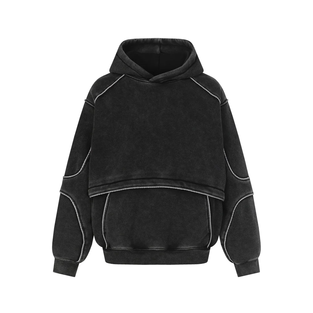 Front Pocket Spliced Hooded Sweatshirts Mens Autumn Winter Fleece Retro High Street Washed Distressed Long Sleeve Hoodies Man