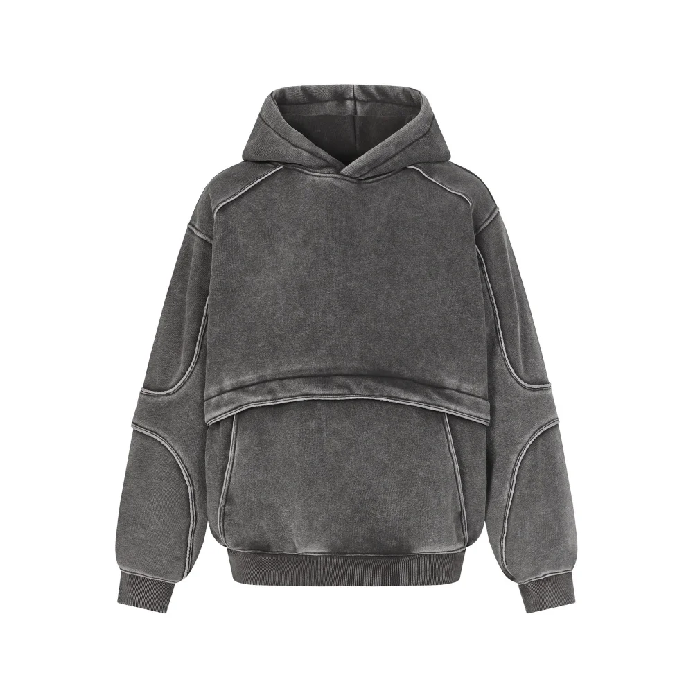 Front Pocket Spliced Hooded Sweatshirts Mens Autumn Winter Fleece Retro High Street Washed Distressed Long Sleeve Hoodies Man