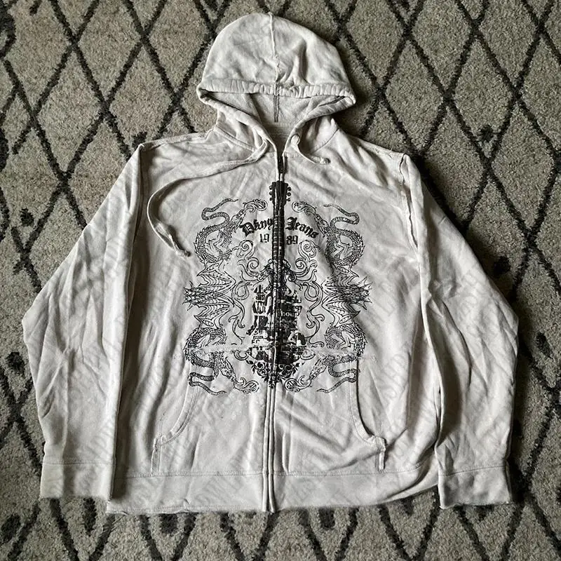 Y2K Men Zip Up Hoodie Graphic Hip Hop Collar Grunge Gothic American Retro Vintage Hoodies Clothes Punk Fashion Zipper Jackets
