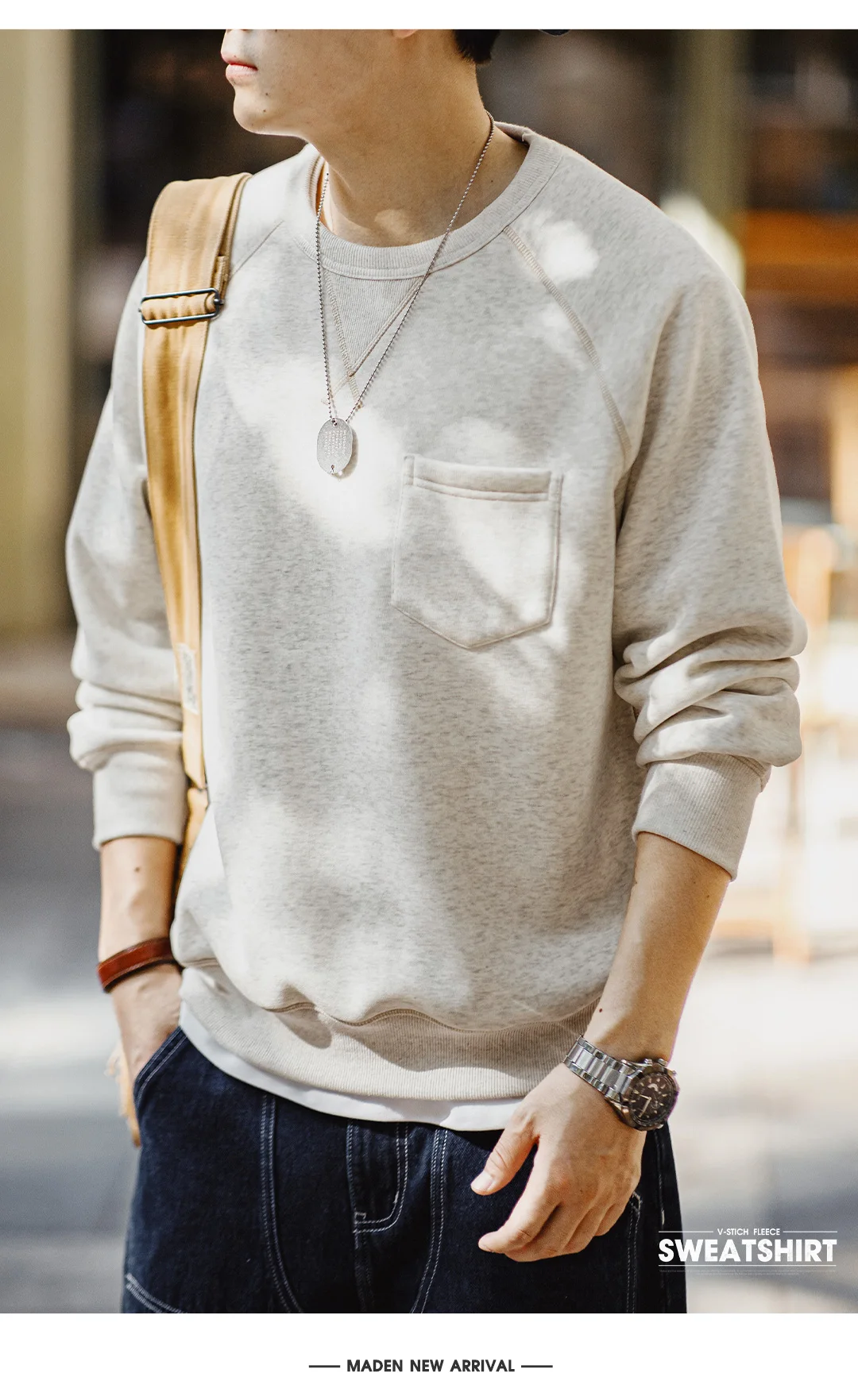 Maden Vintage Heavyweight Round Neck Fleece-lined Hoodie Casual Sporty Thickened Warm Top for Men's Fall and Winter Sweatshirt