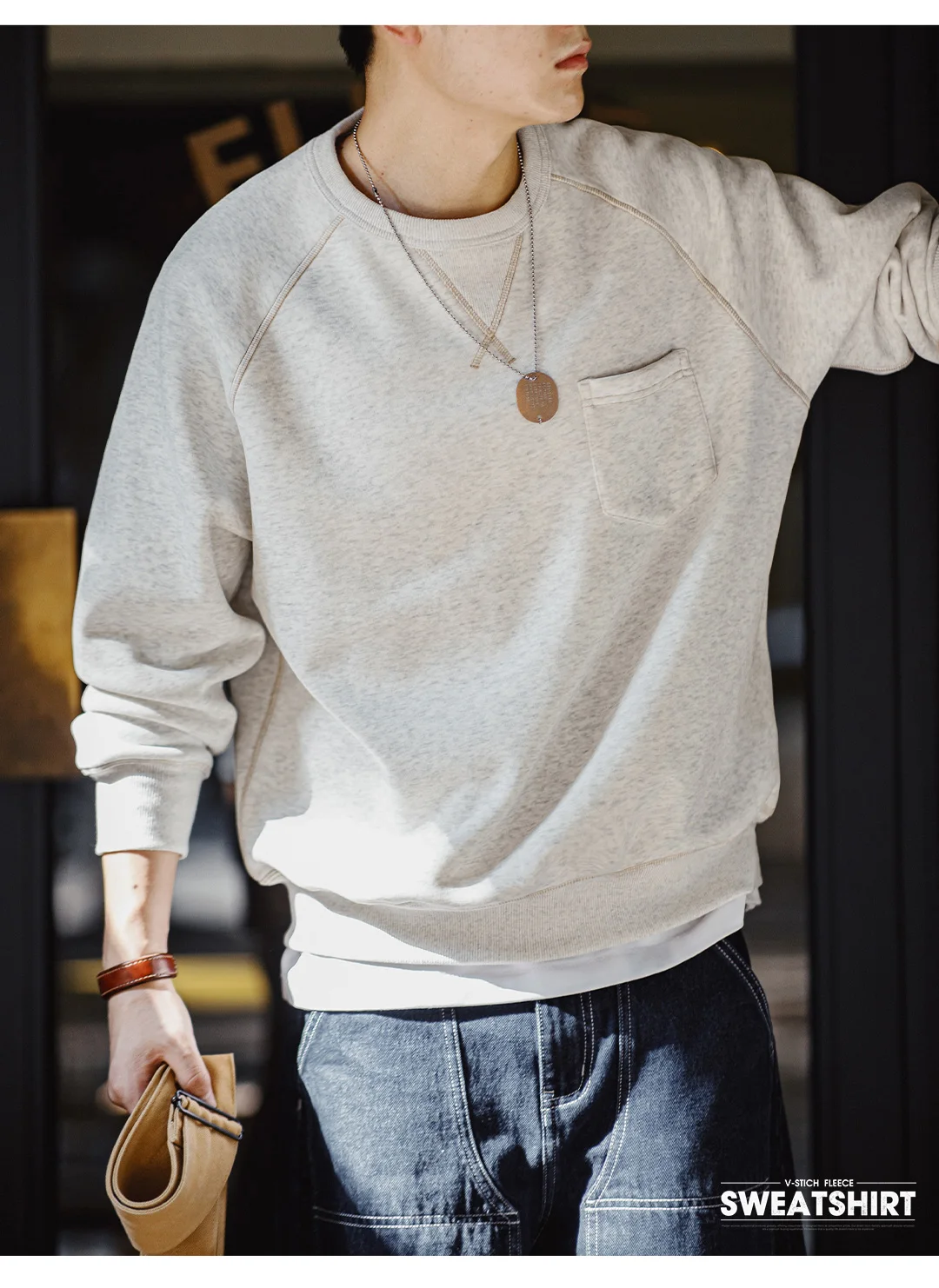Maden Vintage Heavyweight Round Neck Fleece-lined Hoodie Casual Sporty Thickened Warm Top for Men's Fall and Winter Sweatshirt