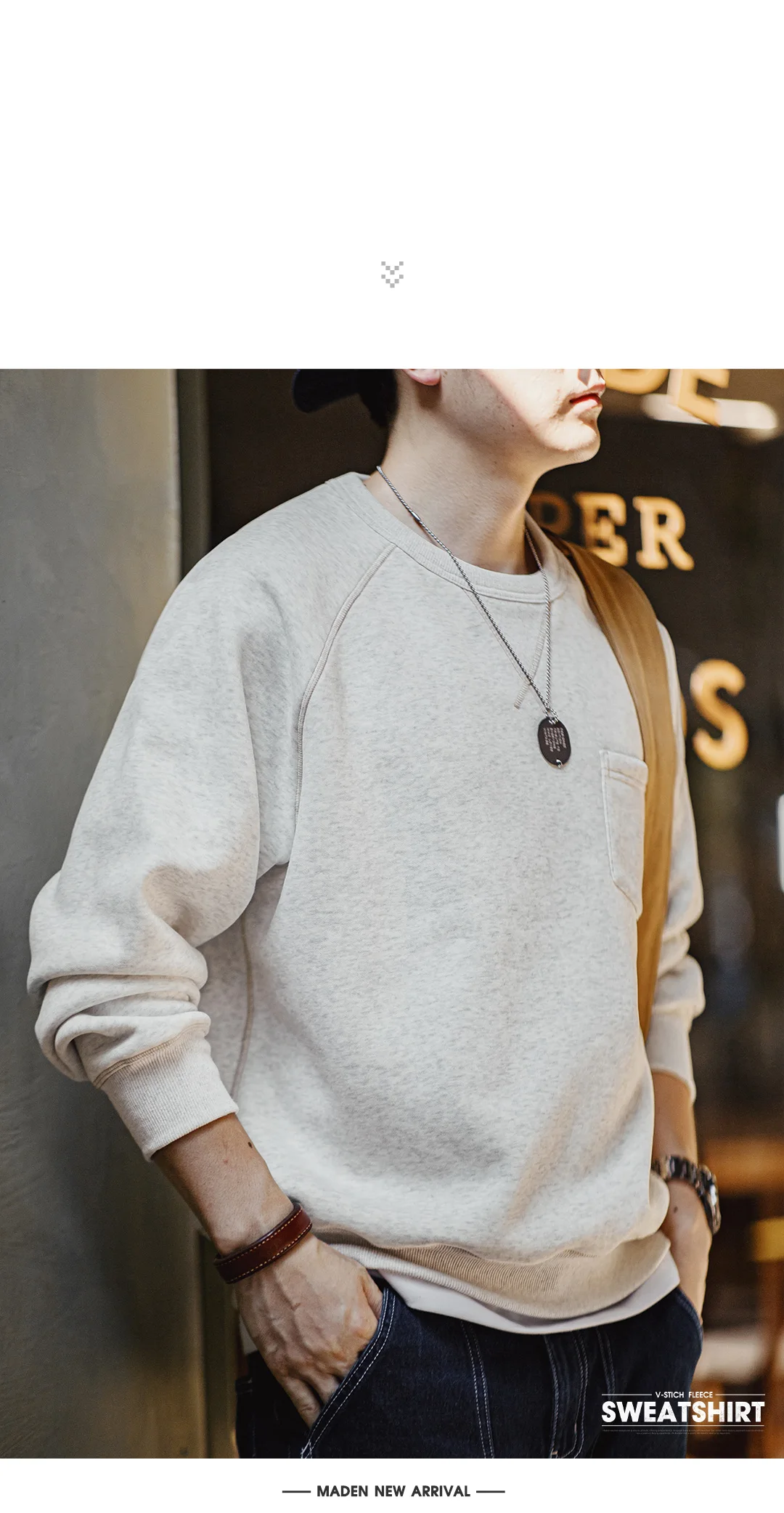 Maden Vintage Heavyweight Round Neck Fleece-lined Hoodie Casual Sporty Thickened Warm Top for Men's Fall and Winter Sweatshirt