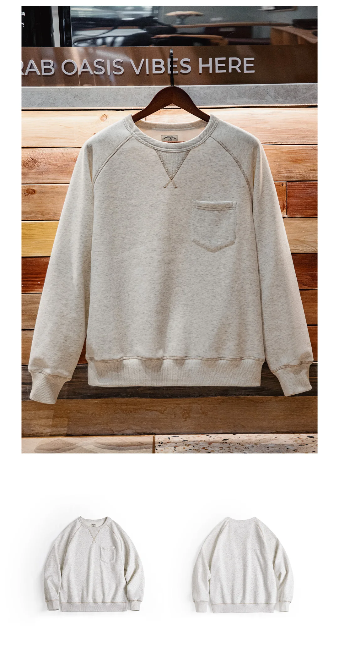 Maden Vintage Heavyweight Round Neck Fleece-lined Hoodie Casual Sporty Thickened Warm Top for Men's Fall and Winter Sweatshirt